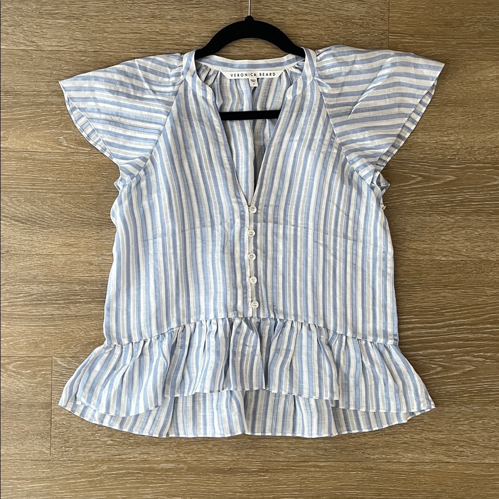 Veronica Beard Maple White Blue Linen Silk Striped Flutter Sleeve Blouse size 0 - Picture 6 of 10